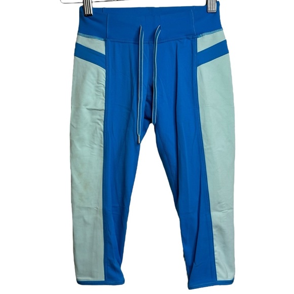 Lululemon Cropped Colour Block Blue Light Green Stretch Compression Leggings 2 - Picture 1 of 12